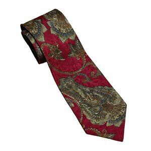 Oscar de la Renta Red Tan Floral Paisley 100% Silk Tie Men's Length 58 Inches